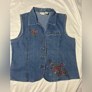 Vintage Erika Sleeveless Denim Button Up Vest Embroidered Floral Womens Size 8